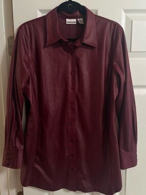 Chico's reptile print long sleeve button down blouse top burgundy collared L